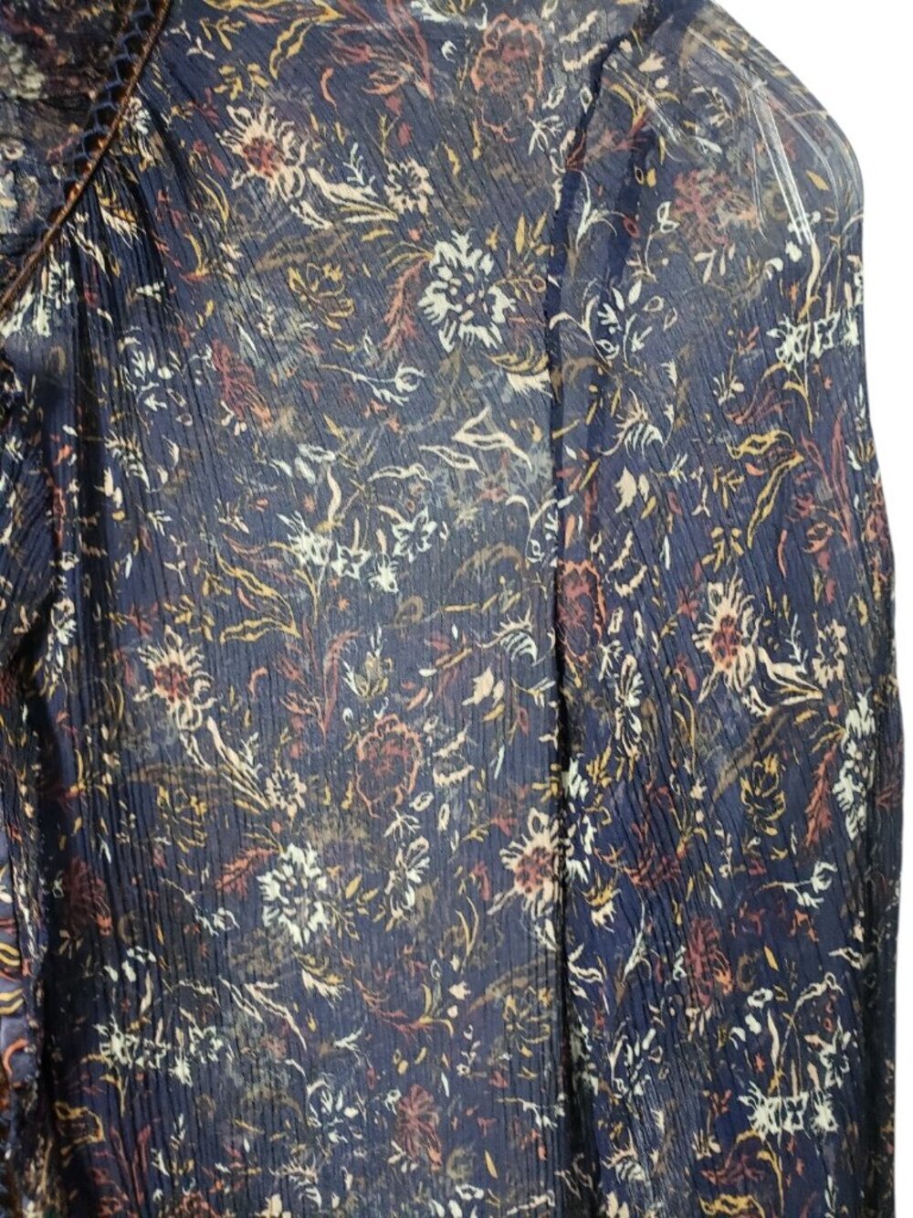 Elie Tahari Floral Sheer Silk Blouse With Ruffle Collar & Cuff Navy/Orange XSmal - Picture 9 of 16